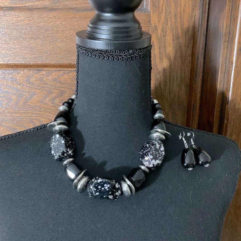 Necklace set. Black hanging earrings. Black, silver necklace.